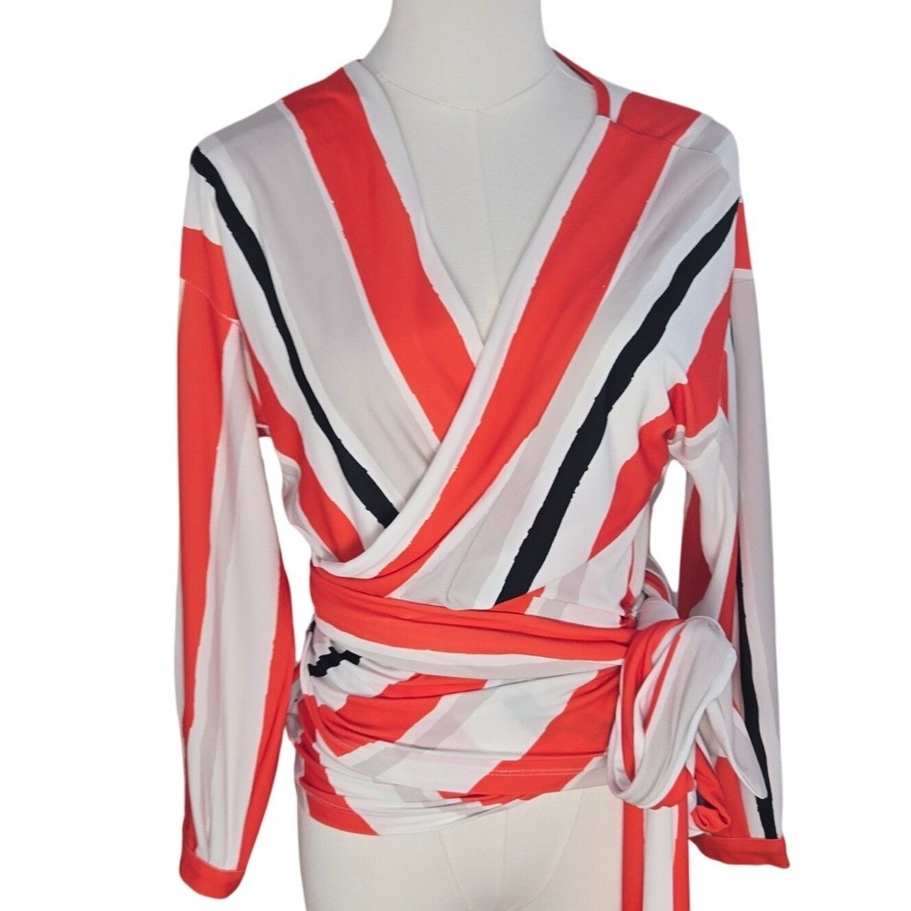 VENUS Wrap Top Medium Orange White Navy Stripe Surplice V Neck Wrap and Tie